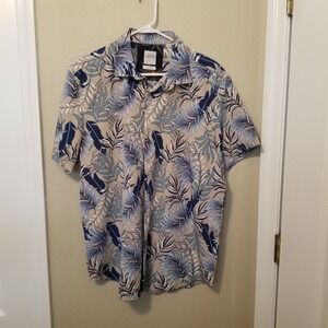 Essex Crossing Men Blue Tan Palm Leaf Tropical Stretch Short Sleeve Button SizeL